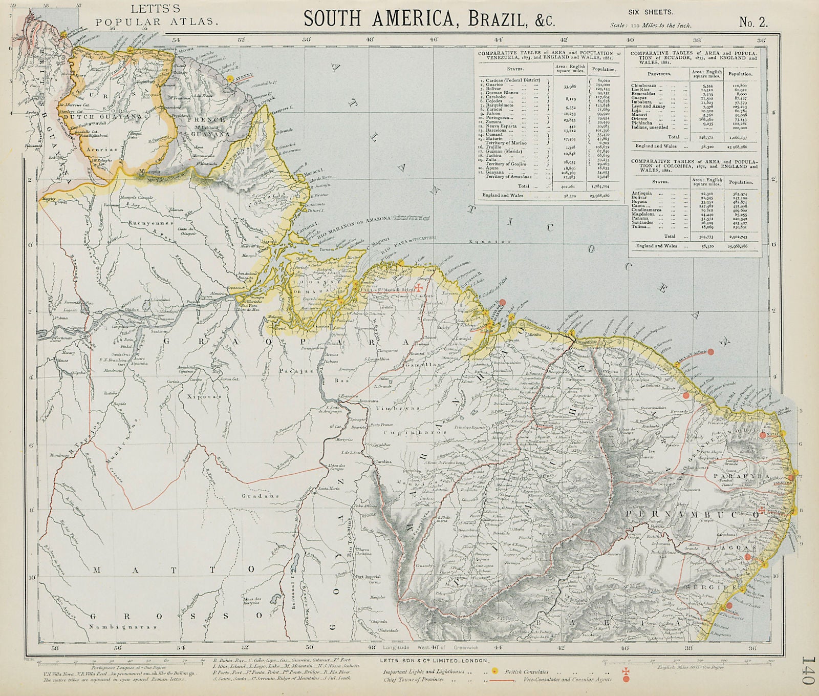 NORTH BRAZIL & GUYANAS. Lighthouses. Graopara Surinam Natal. LETTS 1884 map